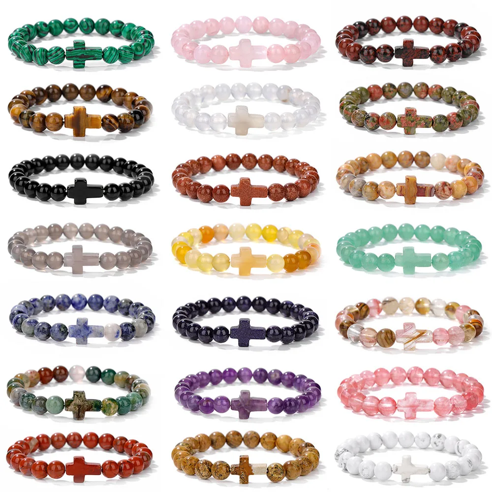 سوار مطرز بالخرز من الحجر الطبيعي للرجال والنساء ، سحر مسيحي ، مسيح ، صليب ، مرن ، صلاة ، يوجا ، مجوهرات ، دين ، طبيعي ، كوارتز #1