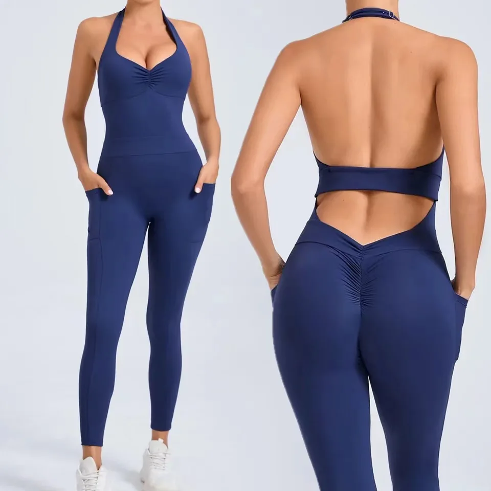 Pad Push Up Sports Pocket Yoga Set Women Sportswear One Piece Jumpsuit Gym Workout Legging Backless Scrunch Fitness Active Suit