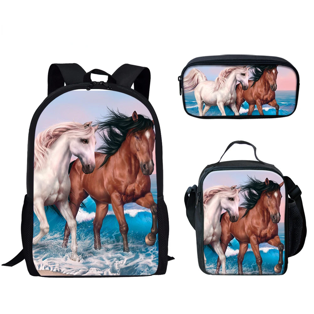 2026 Harajuku Novelty Black White Horse 3pcs/Set Backpack 3D Print School Student Bookbag Anime Laptop Daypack Lunch Bag Pencil