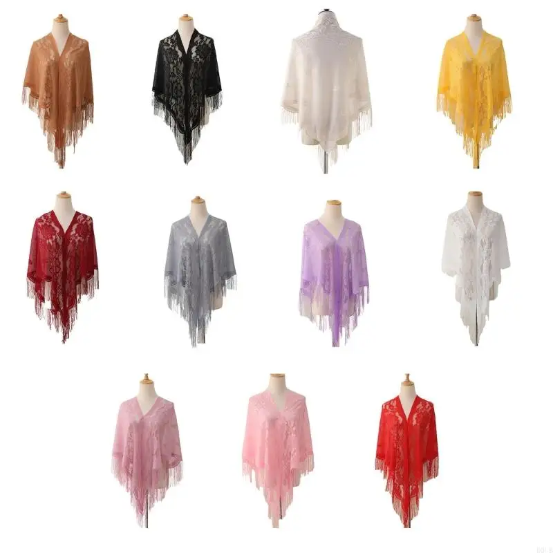 

Women Lace Tassels Shoulder Wrap Sheer Flower Pattern Shawl for Women Girl Beach Vacation and Evening Parties