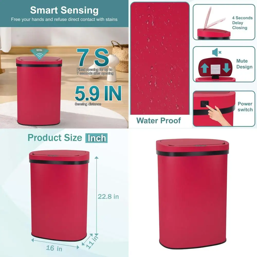 

50-литровое красное мусорное ведро из нержавеющей стали с автоматической крышкой и датчиком для кухни, спальни и гостиной