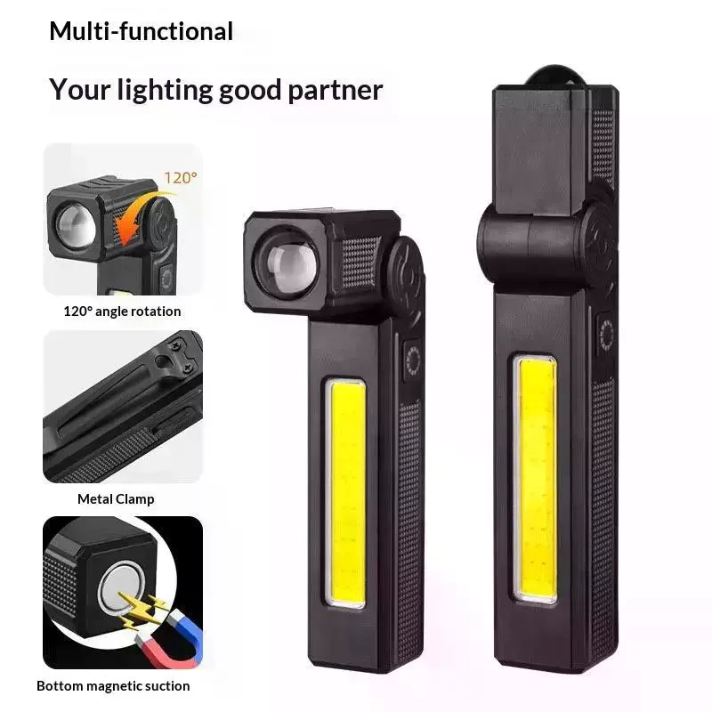 Portable COB Flashlight TYPE-C Rechargeable Work Lights LED Folding Torch With Magnet Car Inspection Camping Emergency Lamp