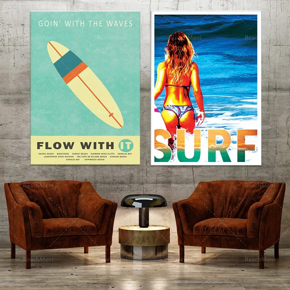Vintage Poster Surfing, Surfer Beach Surf Seascape Wall Art Nordic Surf Canvas Painting Picture Living Room Decor