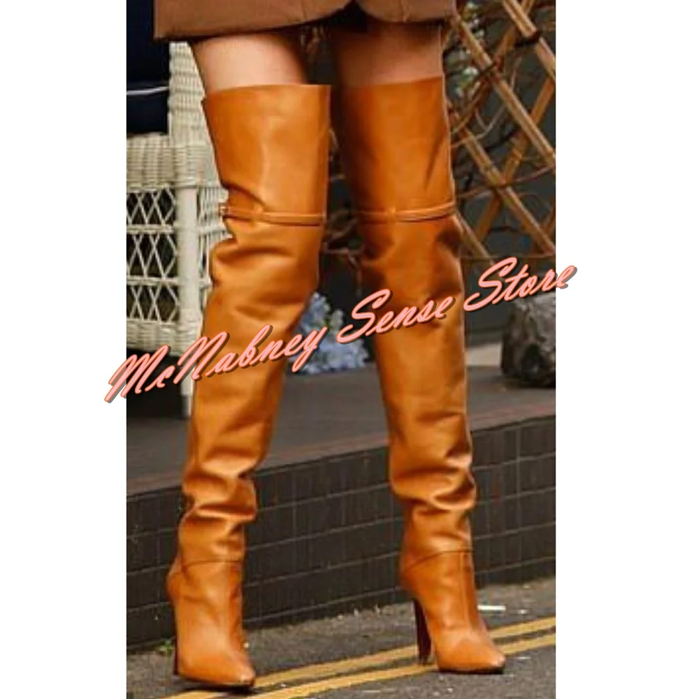 Brown Leather Thigh High Boots Pointed Toe Solid Chunky High Heels Back Zipper Straps Women Boots Sexy Winter New Party Shoes