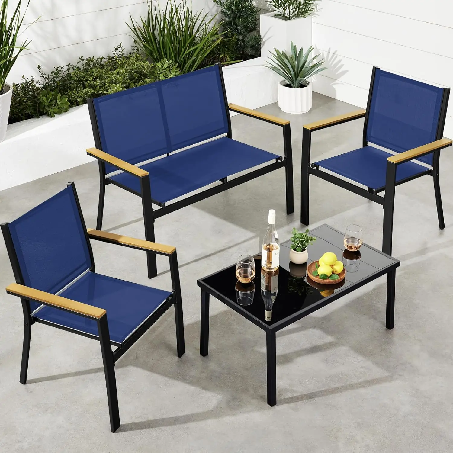 4-Piece Outdoor Textilene Patio Conversation Set, Backyard Furniture w/Loveseat, Coffee Table, Steel Frame - Black/Navy