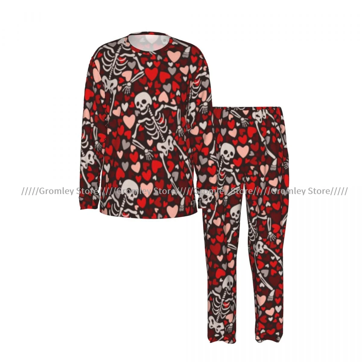 Men's Pajamas Set Skeletons And Hearts Illustration Long Sleeve Top & Long Pants Sleep Set