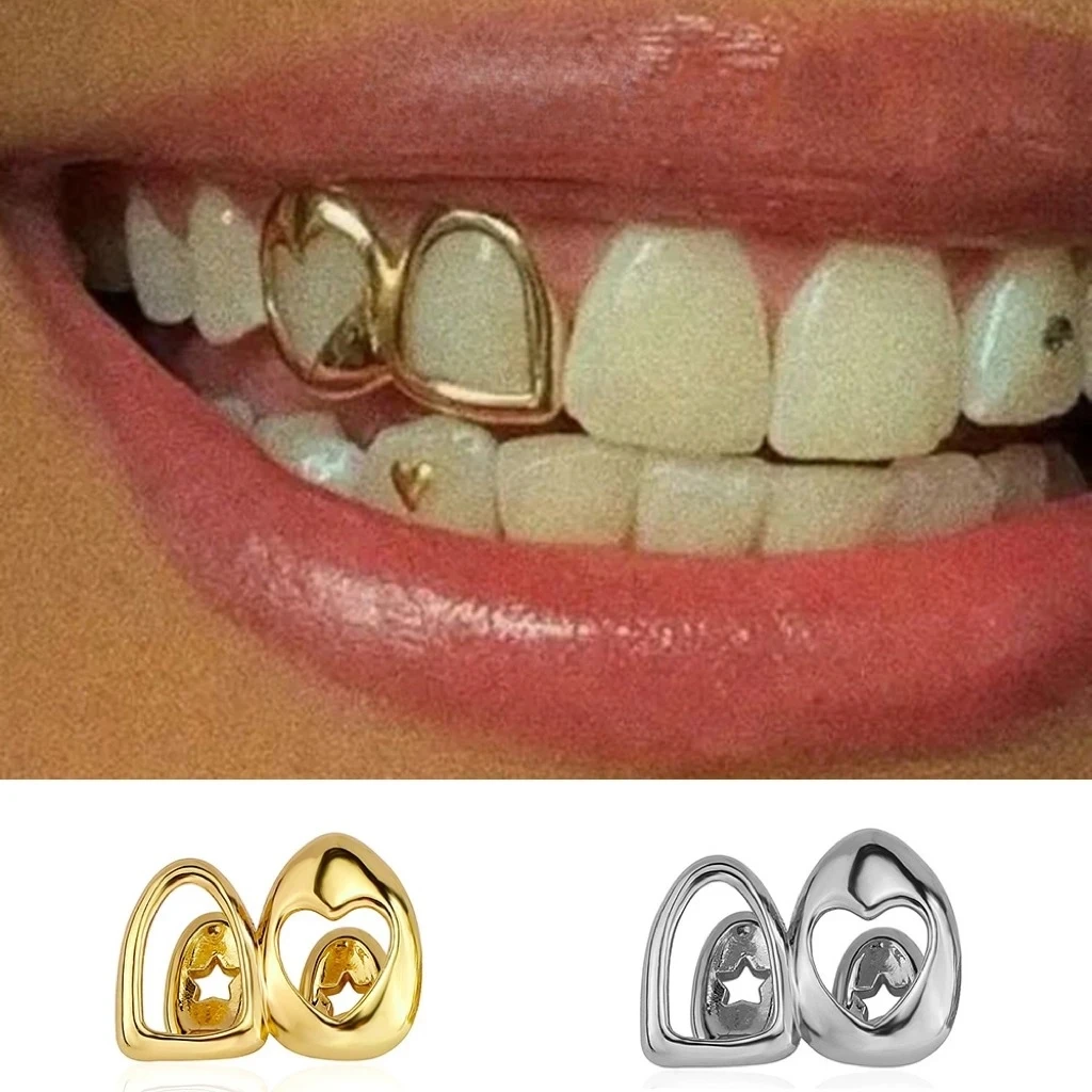 Hip Hop Double Hollowed out Heart Teeth Grillz Punk Vintage Glossy Hollow Tooth Caps Unisex Jewelry Gift for Couples