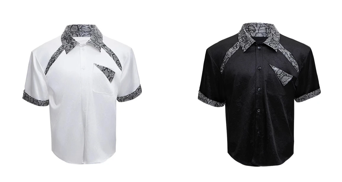 Men's 2025 Summer New Niche Snake Pattern Leather Splicing Shirts Metal Rivet Design Cool Short-sleeve Tops Male Handsome Shirts