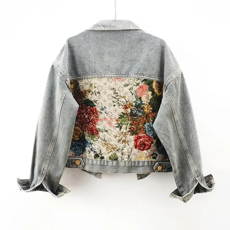 Fashion temperament denim jacket women\'s autumn and winter new short Joker print splicing long sleeve lapel short jacket