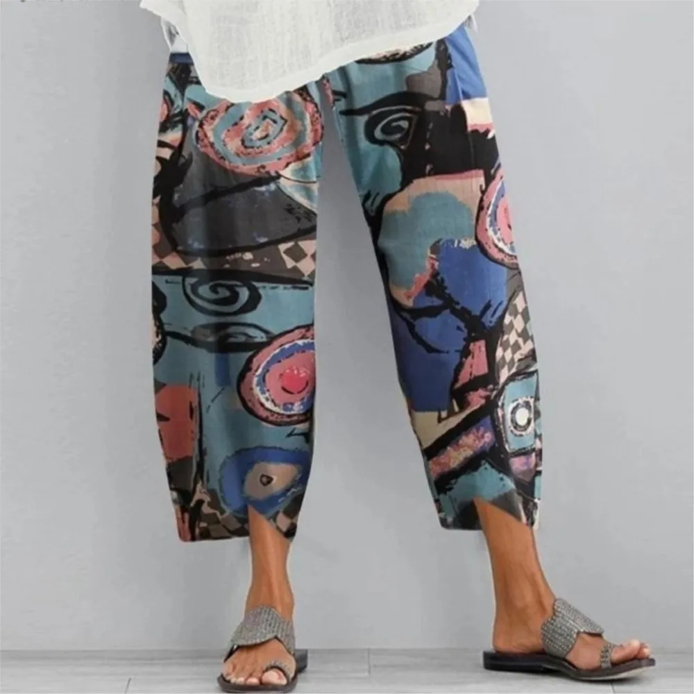 

Women's Fashion Loose Casual Irregular Rendering Printed Elastic Waist Trouser Retro Ethnic Style Flower Printed Irregular Pants