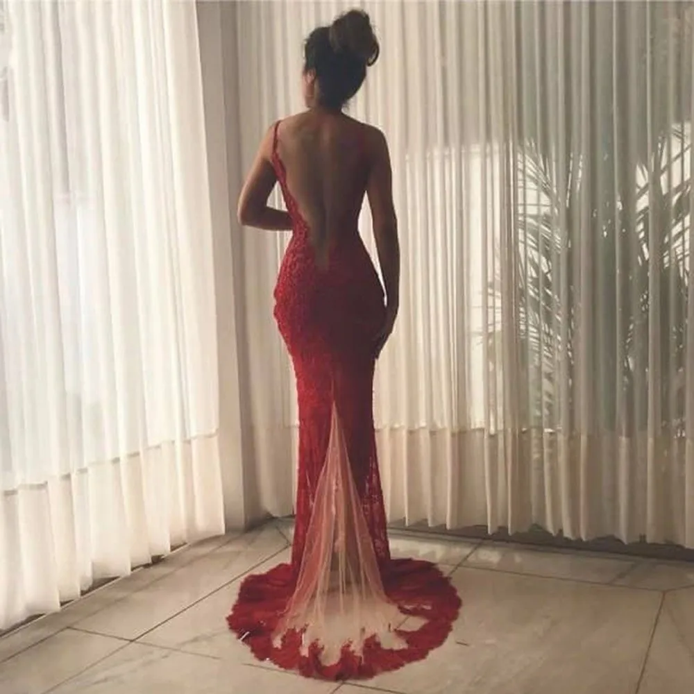 Applique Sexy V Neck Prom Dresses Open Back Evening Gowns robe de soiree High Slit Evening Dress Burgundy