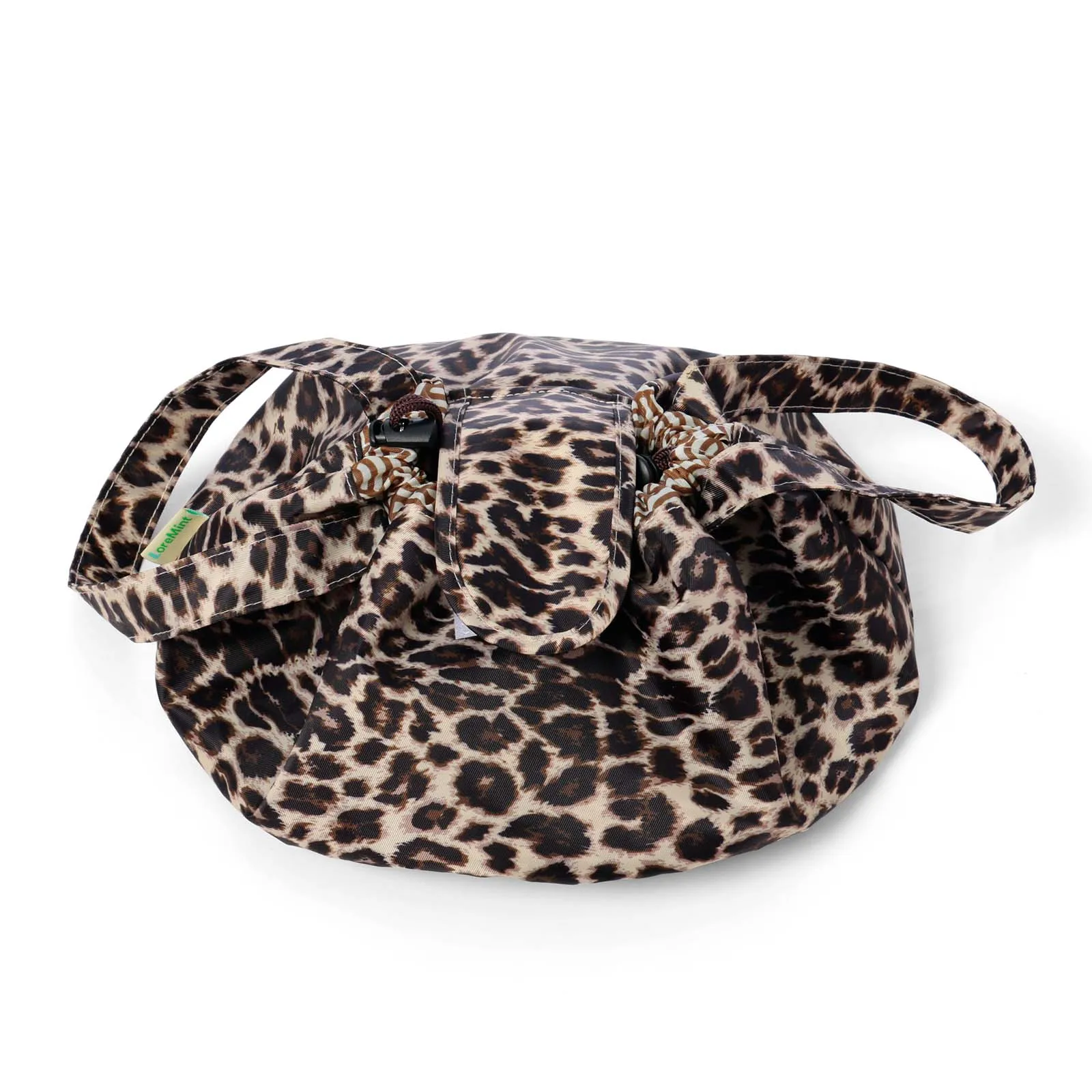 Leopard Print Drawstring Travel Cosmetic Bag – Lightweight Water-Resistant Bucket Organizer with Flap and Dual Wrist Straps
