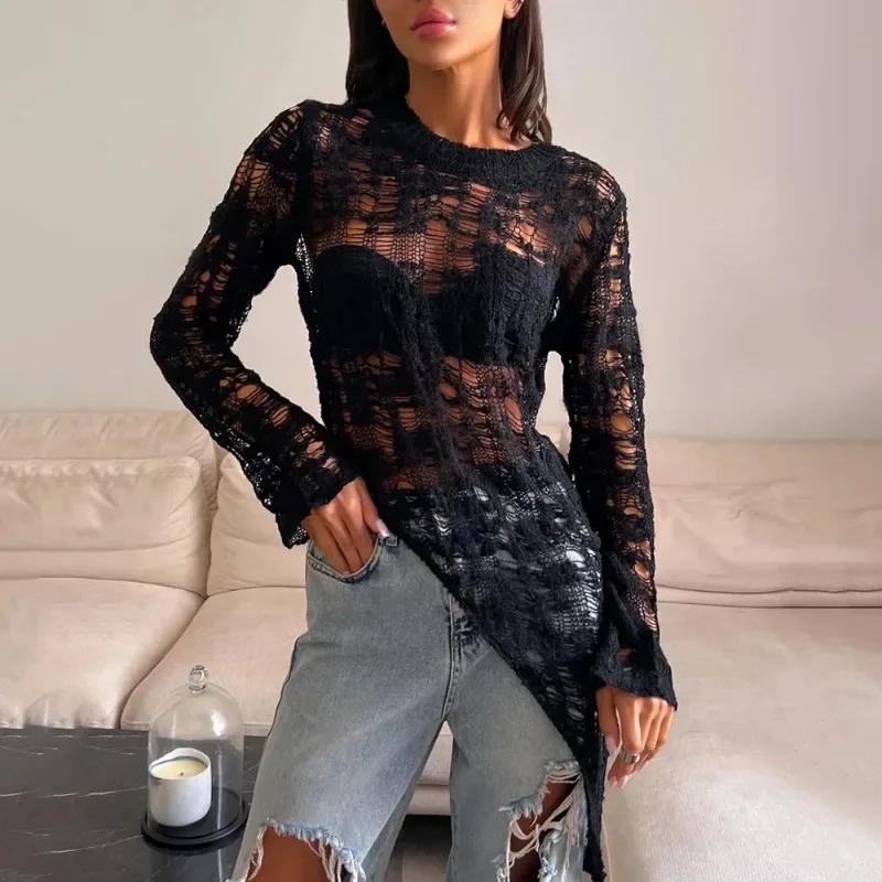 

Ticketsx Hollow Out Knitted Sweater Fashion Women's Solid See Through Patchwork Pullovers Fashion Female Y2K Streetwear Pullover