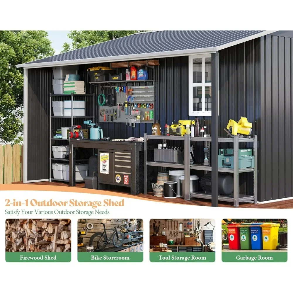 

10.6x10.3x6.3 FT Outdoor Storage Shed with Sliding Doors Two 4-Pane Windows, Open Outdoor Shed for Wood Storage, Outdoor Sheds