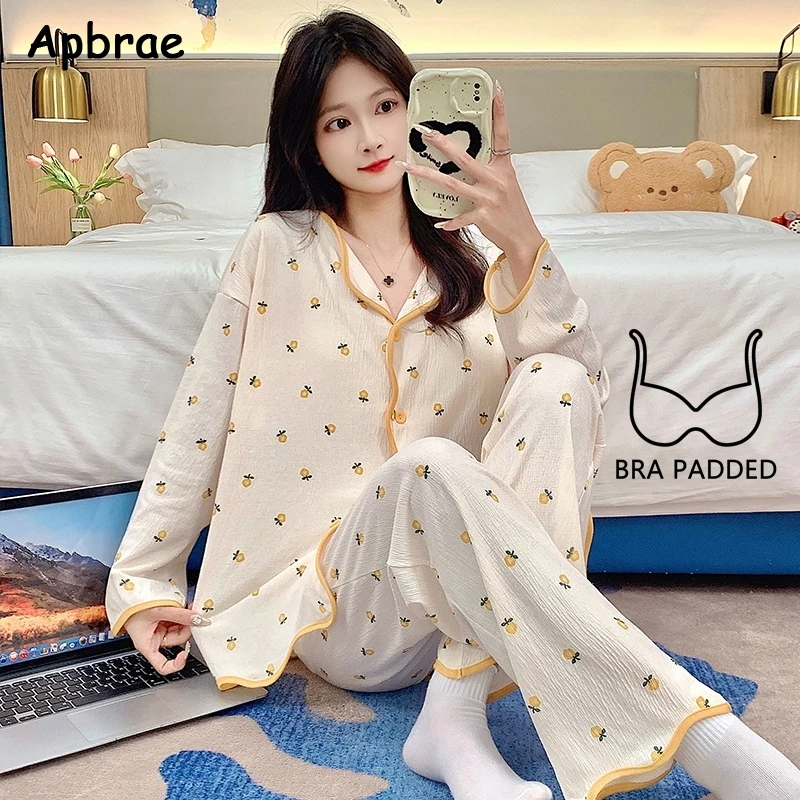 New Autumn Sweet Strawberry Print Girl Pajamas with Bra Pads Long Sleeves Cardigan Pijamas Fashion Soft Woman Homewear