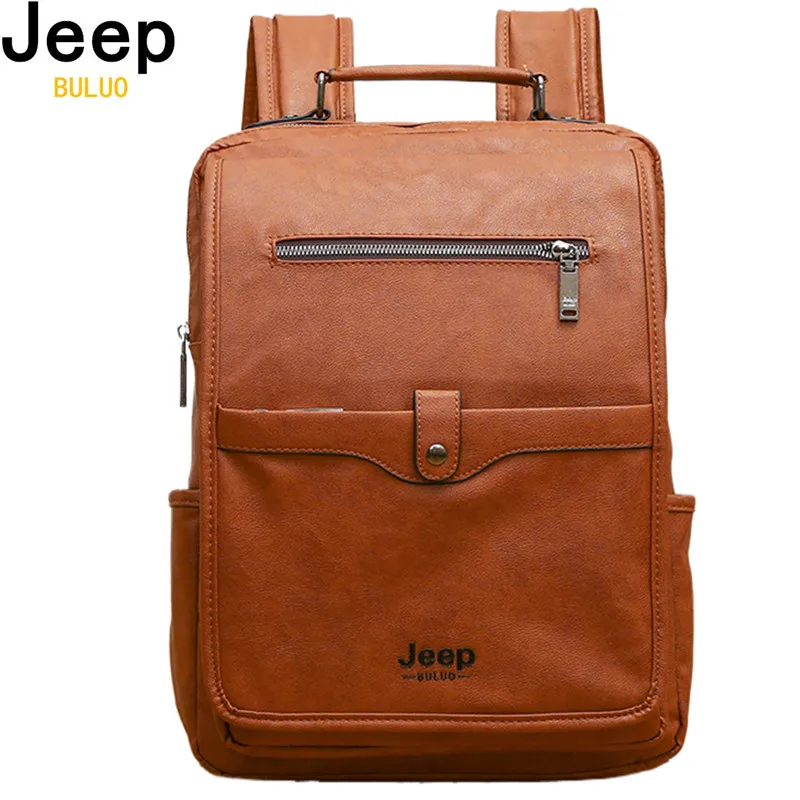 JEEP BULUO Trend Casual Laptop Bags High Capacity Feature Backpack Computer New Men\'s Bag Travel PU Leather Bags For Man