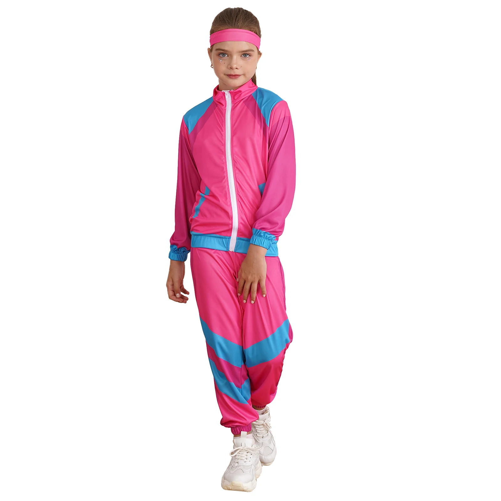 Bambini Unisex anni '80 Costume da discoteca retrò Top pantaloni fascia Set Costume Hip Hop tuta da ballo tuta sportiva per la festa di carnevale sul palco