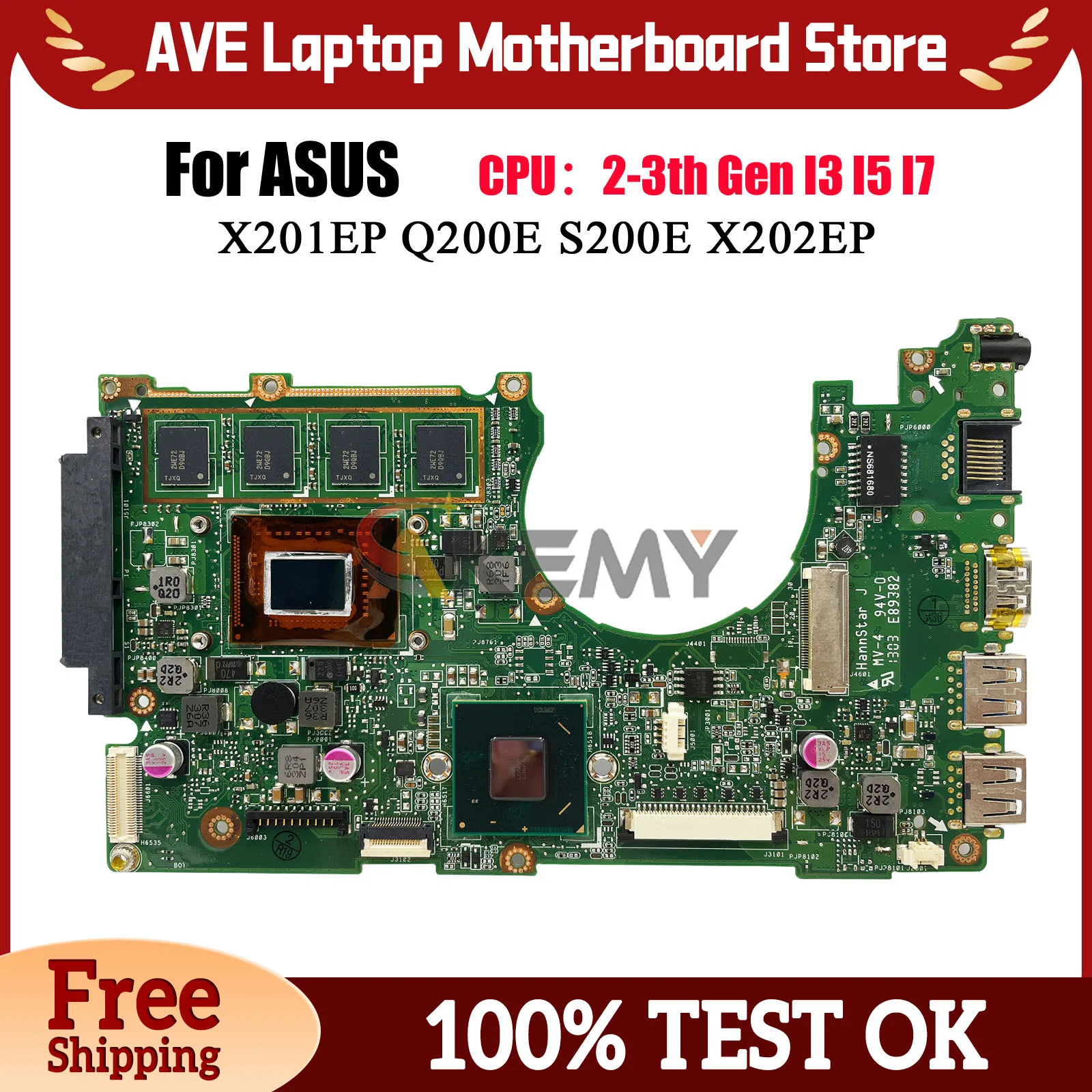 Placa-Mãe X202E para Notebook ASUS VivoBook X201EP X202EV X202EP S200E X202E Q200E com CPU I3 I5 I7 100% testada e aprovada