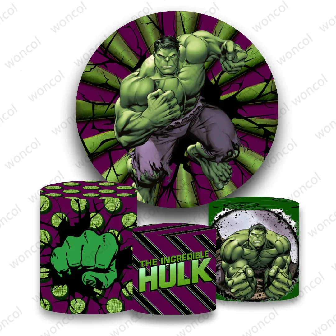 The Incredible Hulk Round Backdrop Marvel Hulk Smash Backdrop Child Birthday Baby Shower Cylinder Cover Party Decor Photo Prop