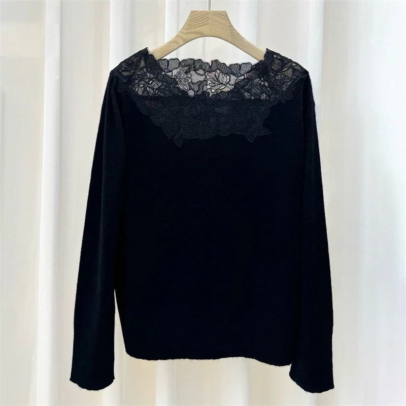 여성 스웨터 신상품 2025년 가을 신상 탄력 니트 슬림핏 긴팔 상의 레이스 패치워크 풀오버 Y2K 원넥 니트웨어
