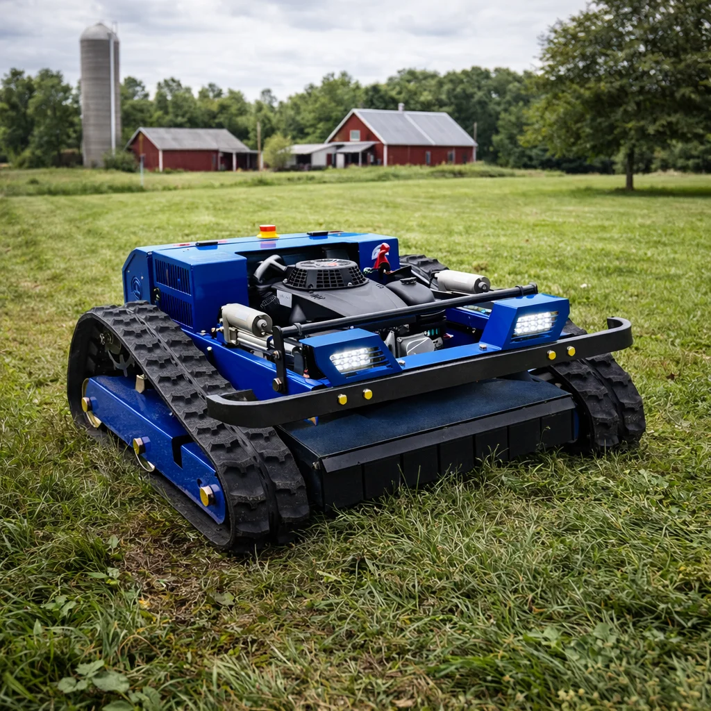 

Customized Rotary Tracked All Terrain Lawn Mower 4-Stroke Cordless Self Propelled Remote Control Weed Mowing Machine