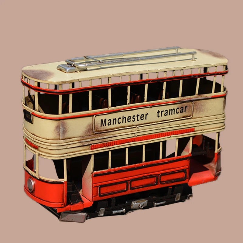 Retro handmade wrought iron bus Iron sheet simulation tram model ornament Home crafts Living room soft decoration