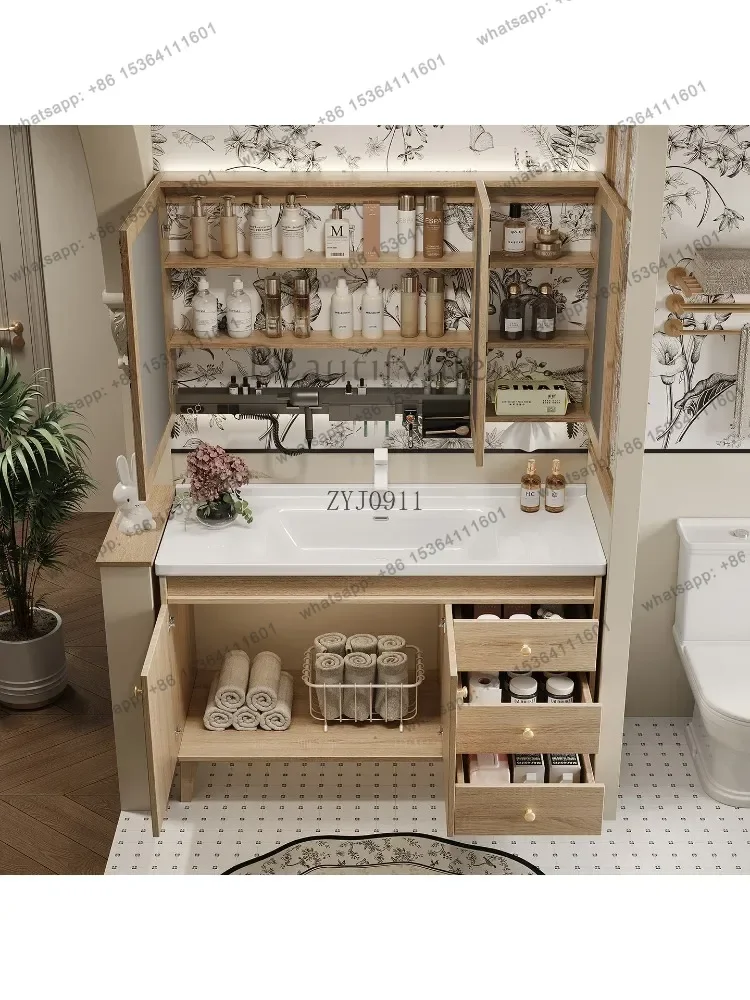 Log wind floor-to-ceiling bathroom cabinet, bathroom, ceramic integrated washbasin, washstand