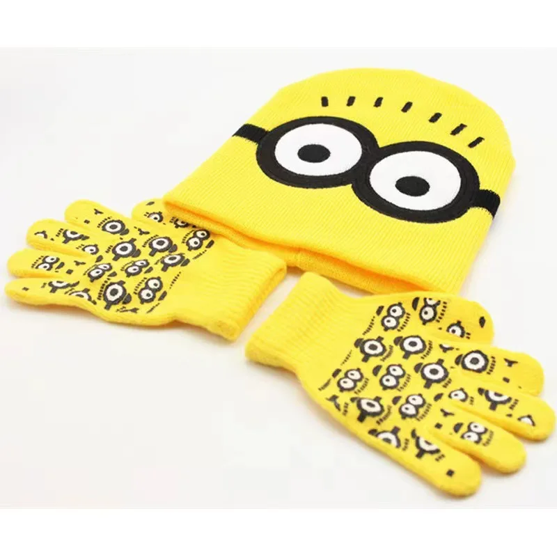 Minion-guantes tejidos para niños, gorro grueso de dibujos animados, conjunto cálido de dos piezas, productos bonitos para exteriores, accesorios de Anime Kawaii, regalo