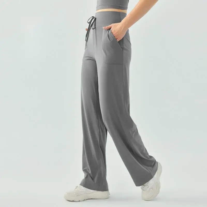 Women\'s High Waist Drawstring Yoga Pants Loose Wide Leg Solid Color Fitness Running Sports Trousers for Autumn