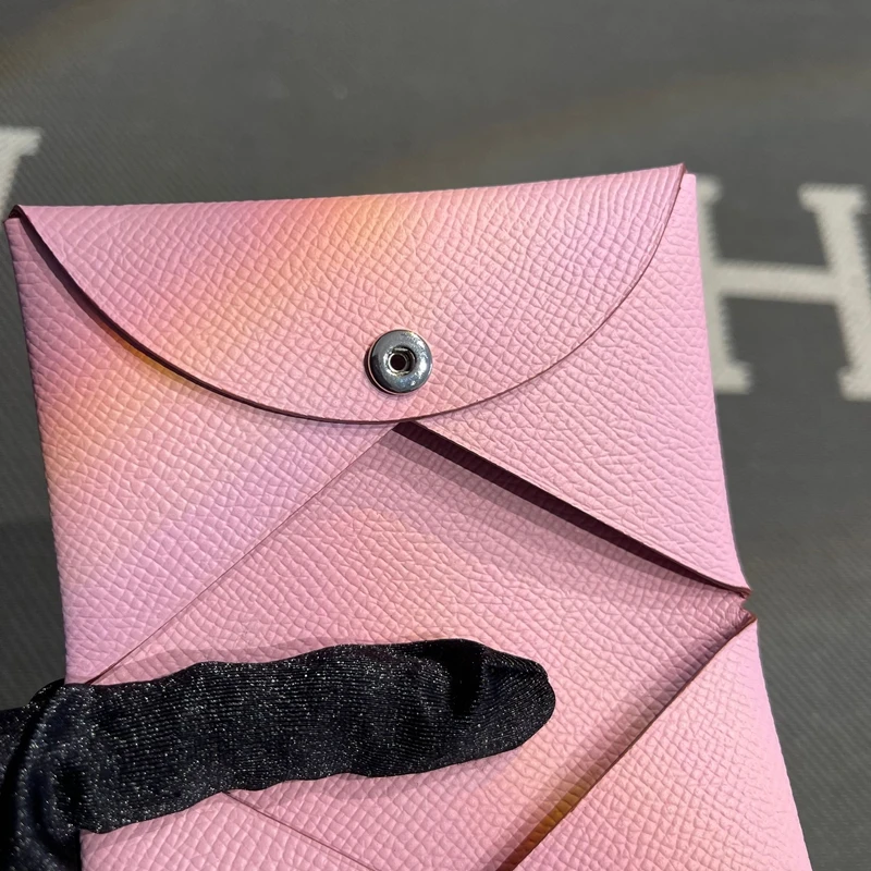 Real Leather Key Coin Document Pouch Button Closure Coin Purse Essential Card Holder Purple Mallow Functional  Wallet