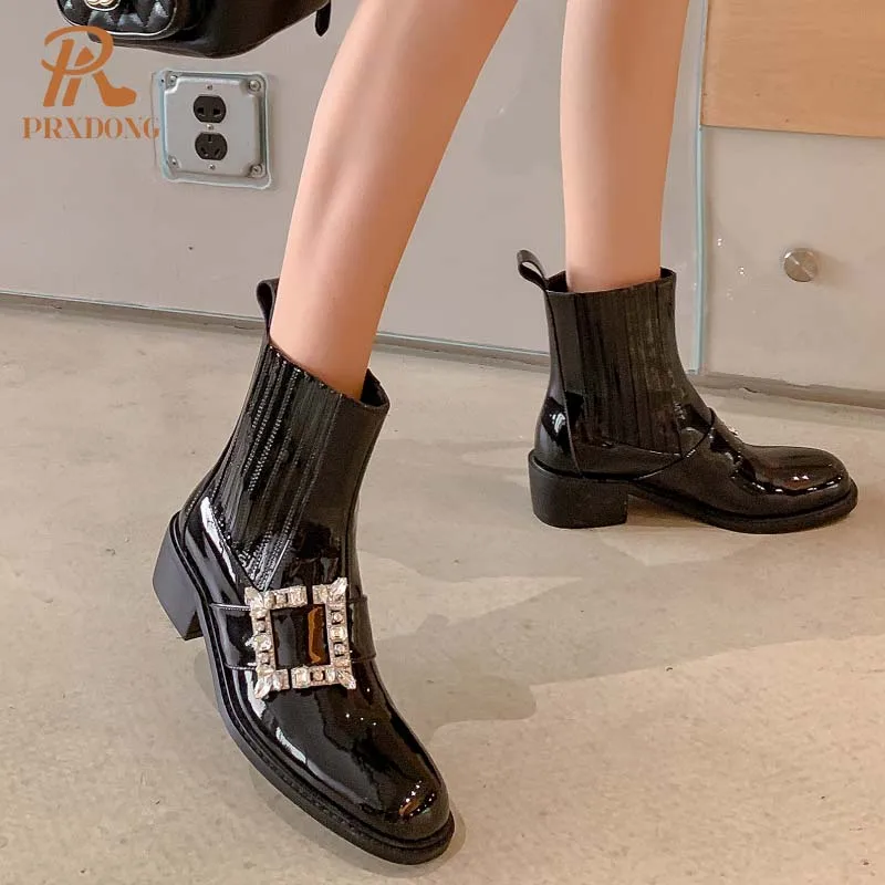 PRXDONG 2024 Fashion Women Ankle Boots Low Square Heel Round Toe Black Crystal Dress Casual Female Shoes Short Boots Size 34-39