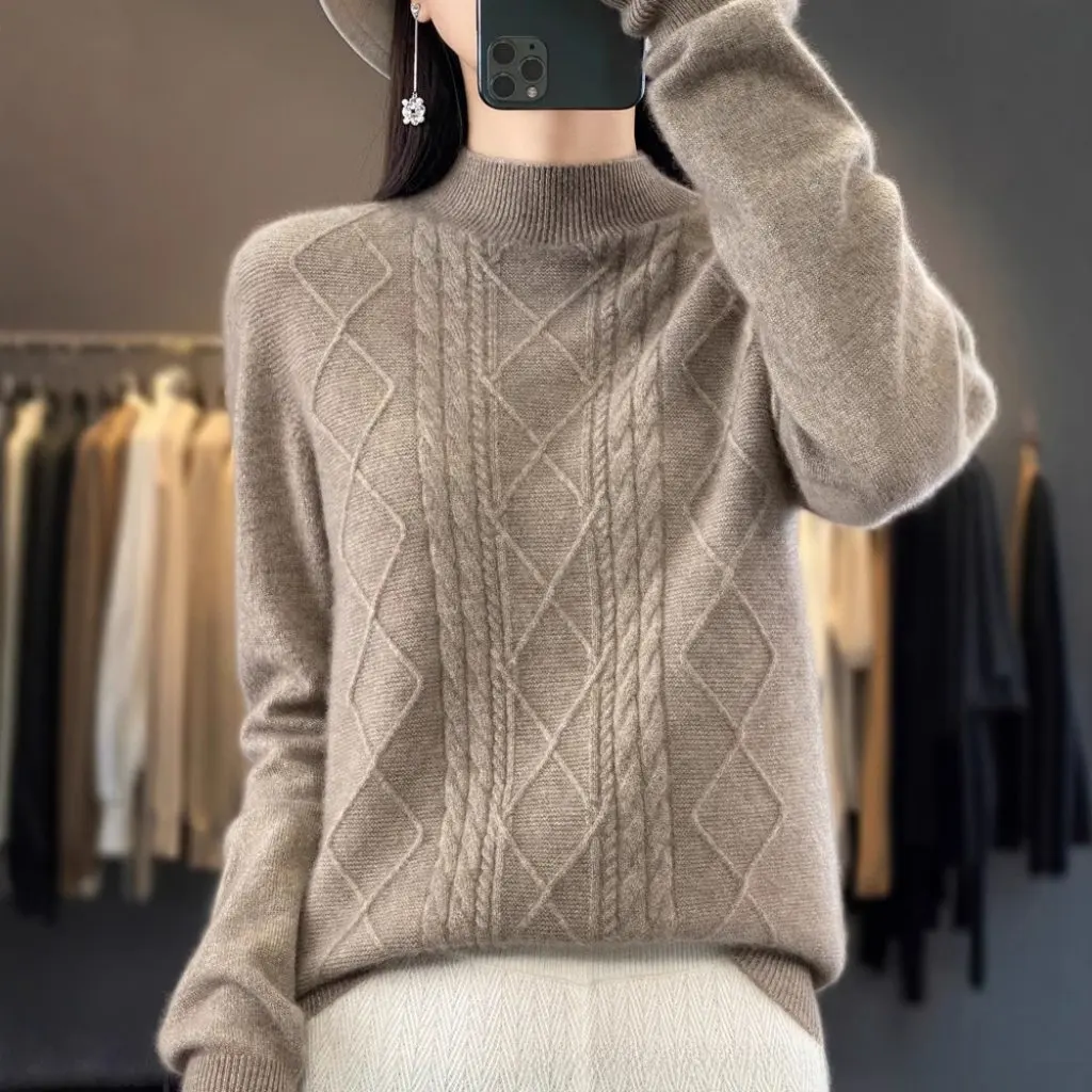 

Женский свитер из 100% чистой шерсти, свободный крой, вязаный пуловер с полувысоким воротником и внутренней частью рубашки для осенне-зимней моды