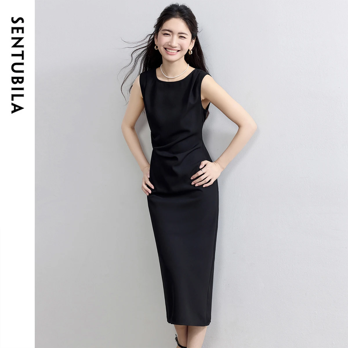 SENTUBILA Women Summer Sleeveless Dress 2025 New Collection Pleated Black Vest Dresses Simple Elegant Women's Clothing Q52LP8653