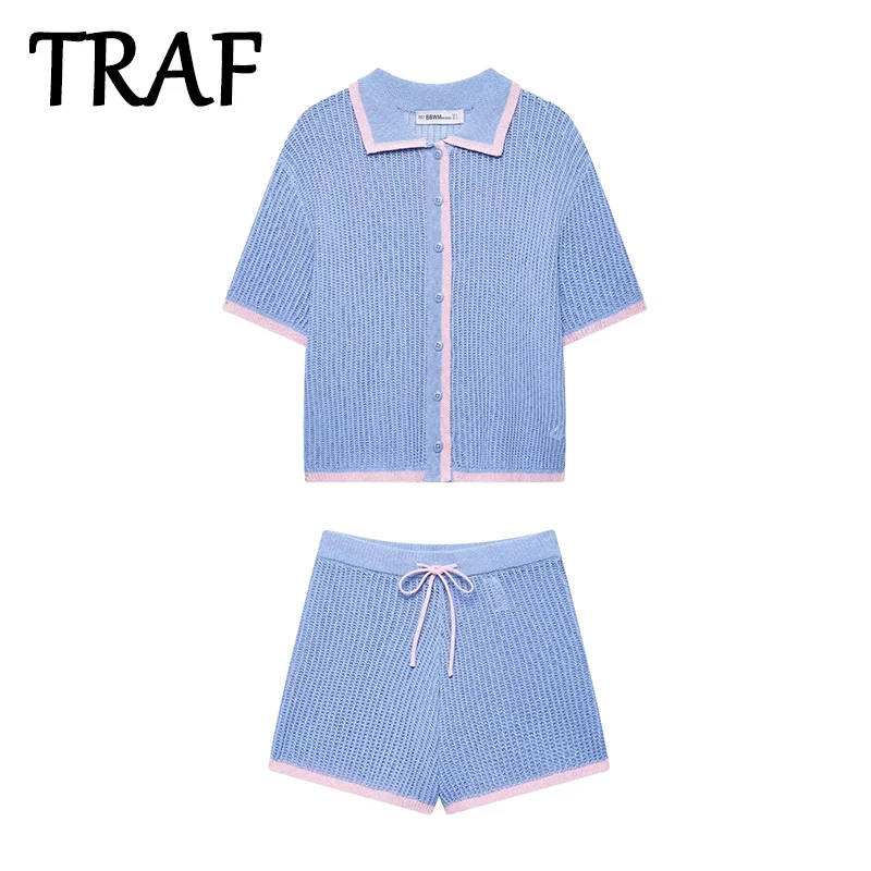 

TRAF 2025 Woman Two Pieces Sets Fashion Knitted Short Cardigan Coat+High Waist Casual Shorts Spring Summer Women Outfit