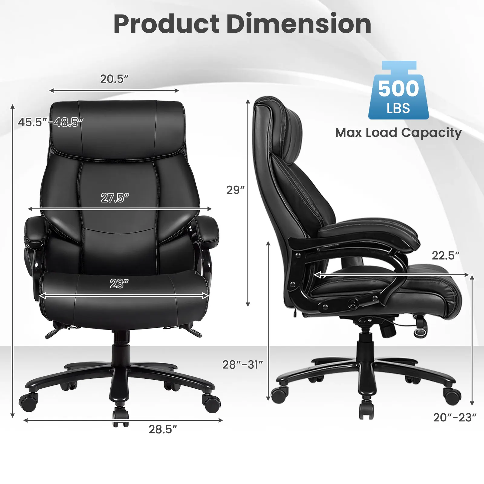 Silla de oficina grande y alta, asiento ancho y reposabrazos acolchados con masaje de 6 puntos, 500 libras