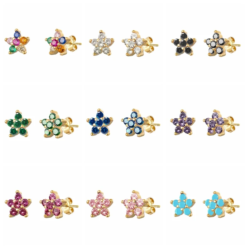 925 Sterling Silver Needle Colorful Pentagram Mini Stud Earrings for Women Green/Pink/Purple/Blue Crystal Earrings Wedding Jewel