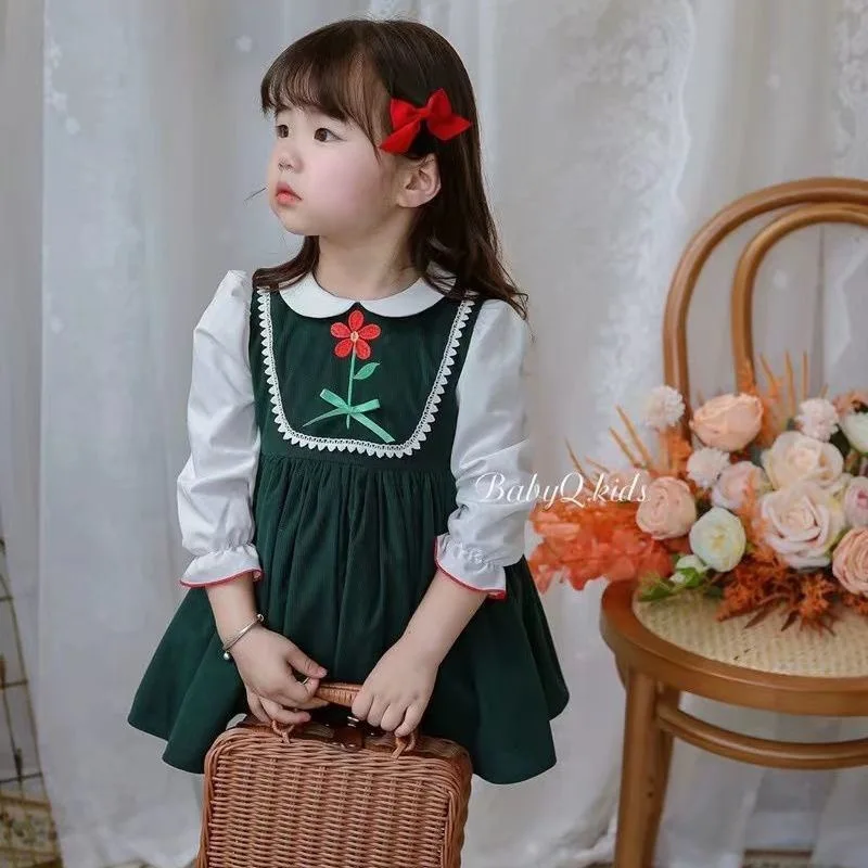 Girls Casual Dresses Long Sleeves Skirt with Baby Doll Collar Lovely Flower Design Siimple Style Kids Outfit Autumn Spring