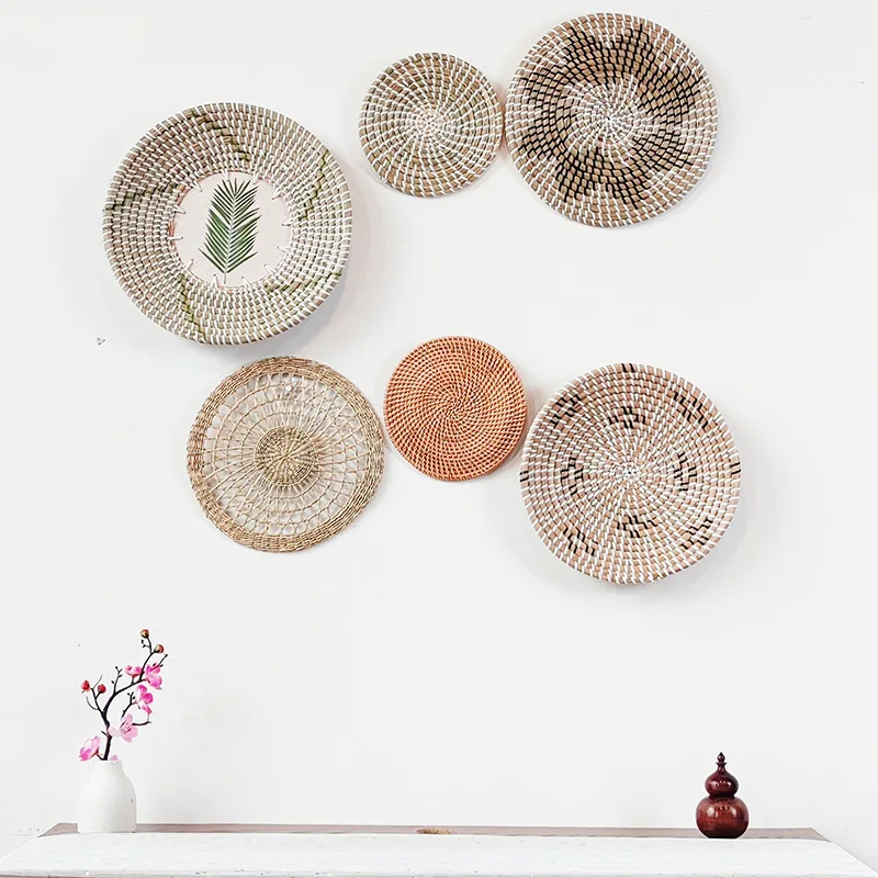 European Style Seaweed Woven Wall Hanging 6pcs Plates Straw Woven Background Decoration for Living Room Ornaments Grass Dishes