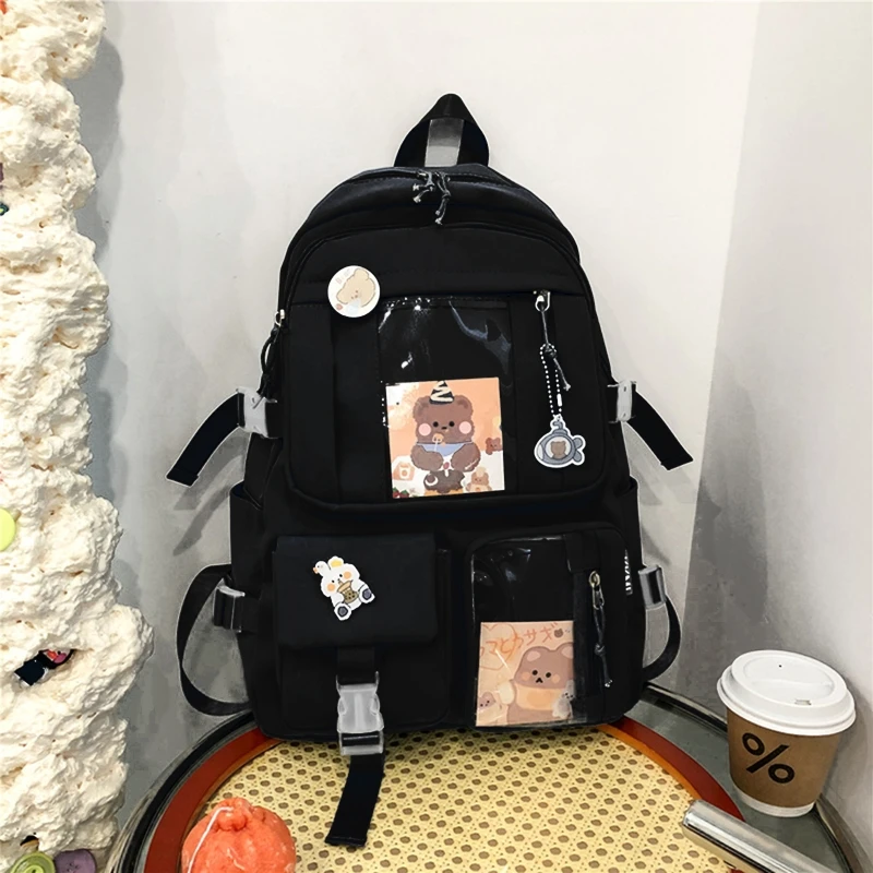 Mochila bonita para estudiantes, bolso escolar japonés Harajuku con múltiples bolsillos y colgante