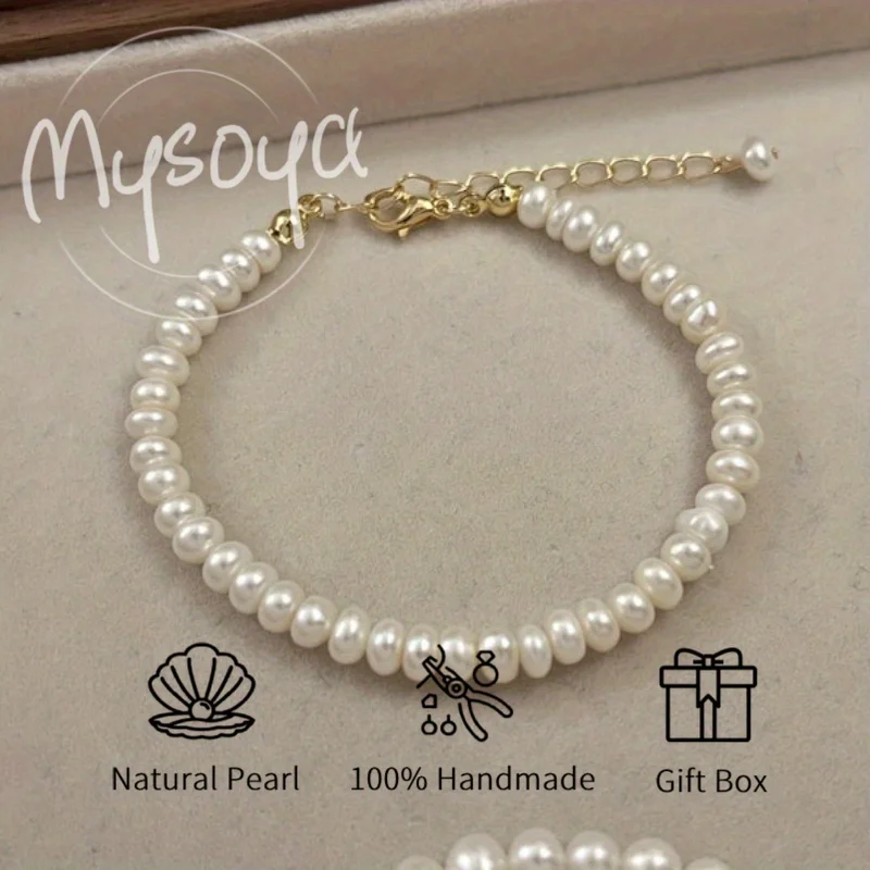 

MYSOYA 5-6mm Natural White Freshwater Pearl Bracelet For Women And Men With Gift Box Perfect Wedding Birthday Jewelry Gift