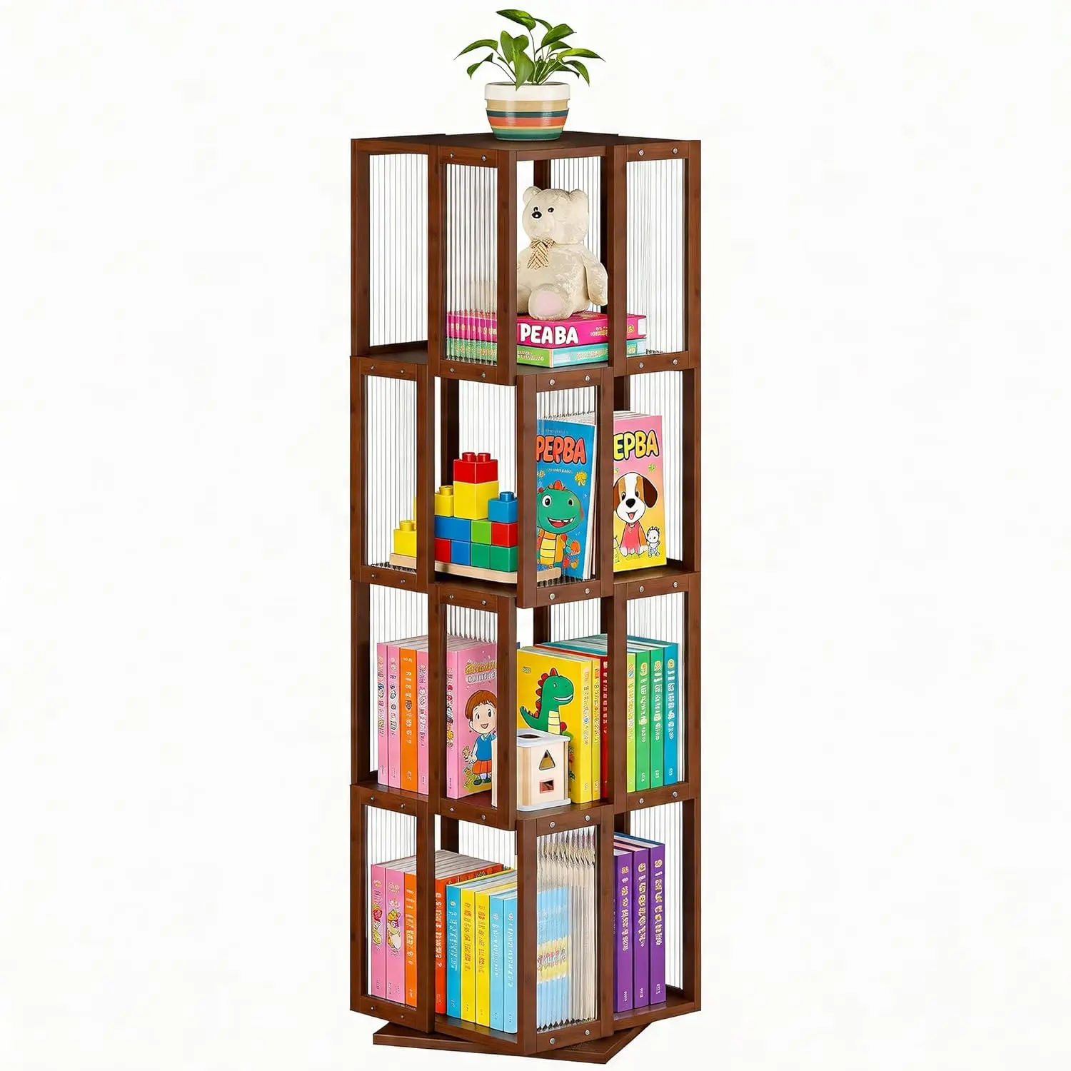 

4-Tier Rotating Bookshelf Tower 360 Spinning Solid Wood Frame Corner Book Shelf Small Spaces Office Bedroom, Customized