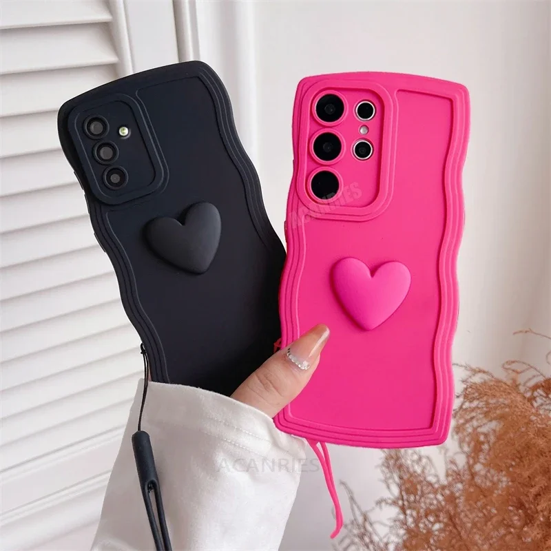 

S 24 23 22 21 Love Heart Wavy Silicone Case For Samsung Galaxy S23 S21 S20 Fe S24 S22 Plus Ultra S10 S9 Lanyard Cover Note 20 10