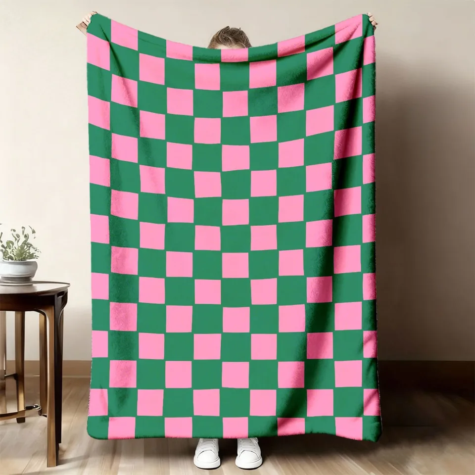 Cozy Plaid Flannel Throw Blanket Green Pink