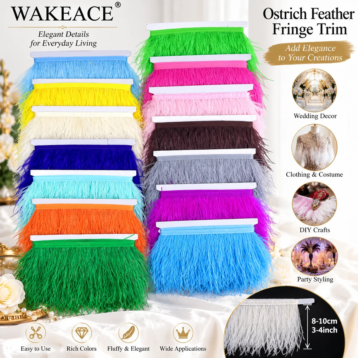 Ostrich Feather Trim 8-10cm Fluffy Feather Fringe Ribbon for DIY Crafts Sewing Dress Costume Wedding Party Decoration