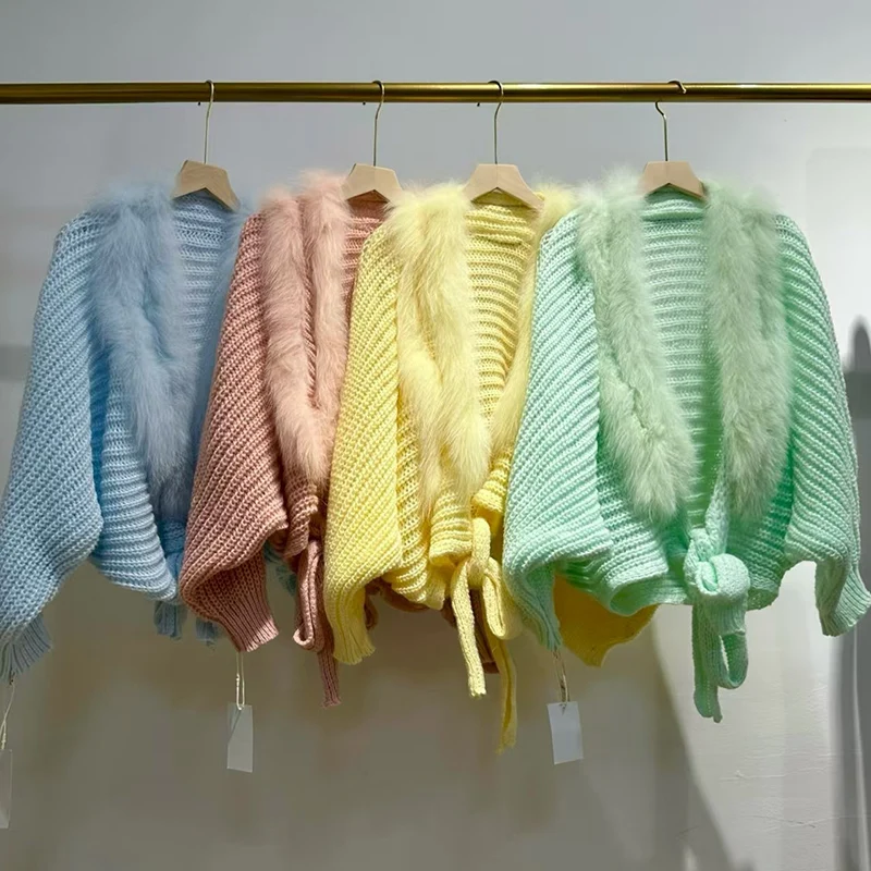 2025 Cardigan lavorato a maglia allentato con maniche a pipistrello autunno donna con vera pelliccia di volpe Moda maglieria a maniche lunghe Capispalla femminile