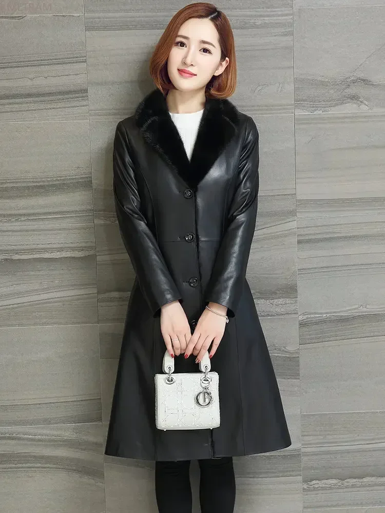 سترة جلدية حقيقية المرأة معطف جلد الغنم الحقيقي جديد الخريف الشتاء معطف الفرو المرأة فرو المنك بطانة منتصف طول سترات من الجلد ضئيلة