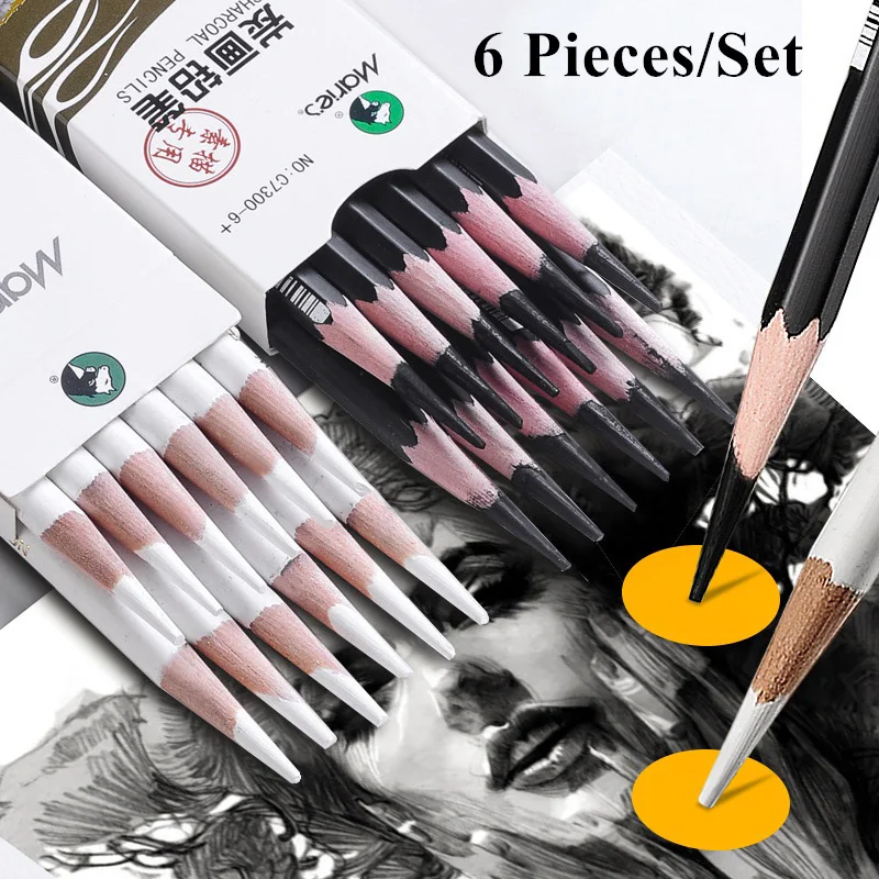 6 Pieces/Set Artist Black White Charcoal Pencils Set for Drawing Sketching Shading on Dark Papers Colored Cardboard