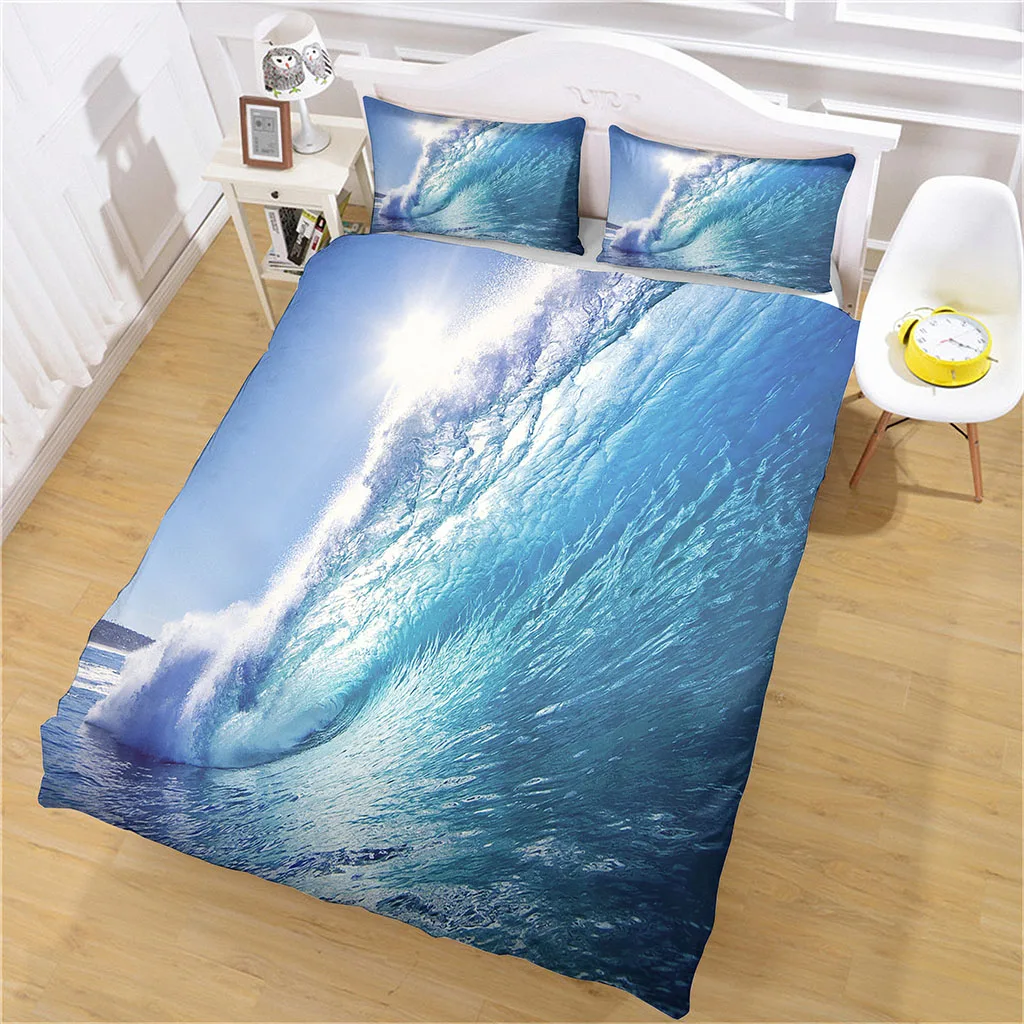 HUANZHUANG Bedding Set Duvet Cover Blue Ocean Waves Landscape Soft Polyester Comforter Cover And Pillowcase Boy Bed Cover Set Qu