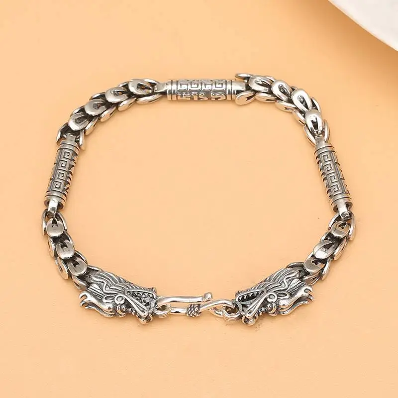 Thai Silver Handmade Bracelet Male Domineering Double Dragon Head Bracele Fashion Retro Chinese Style Hip-Hop Punk Jewelry