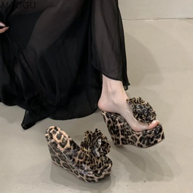 Women's Leopard Flower Platforms Sandals 13CM High Heel Wedge Slippers Sexy Summer Peep Toe Beach Shoes Fashion Heels for Ladies view 3